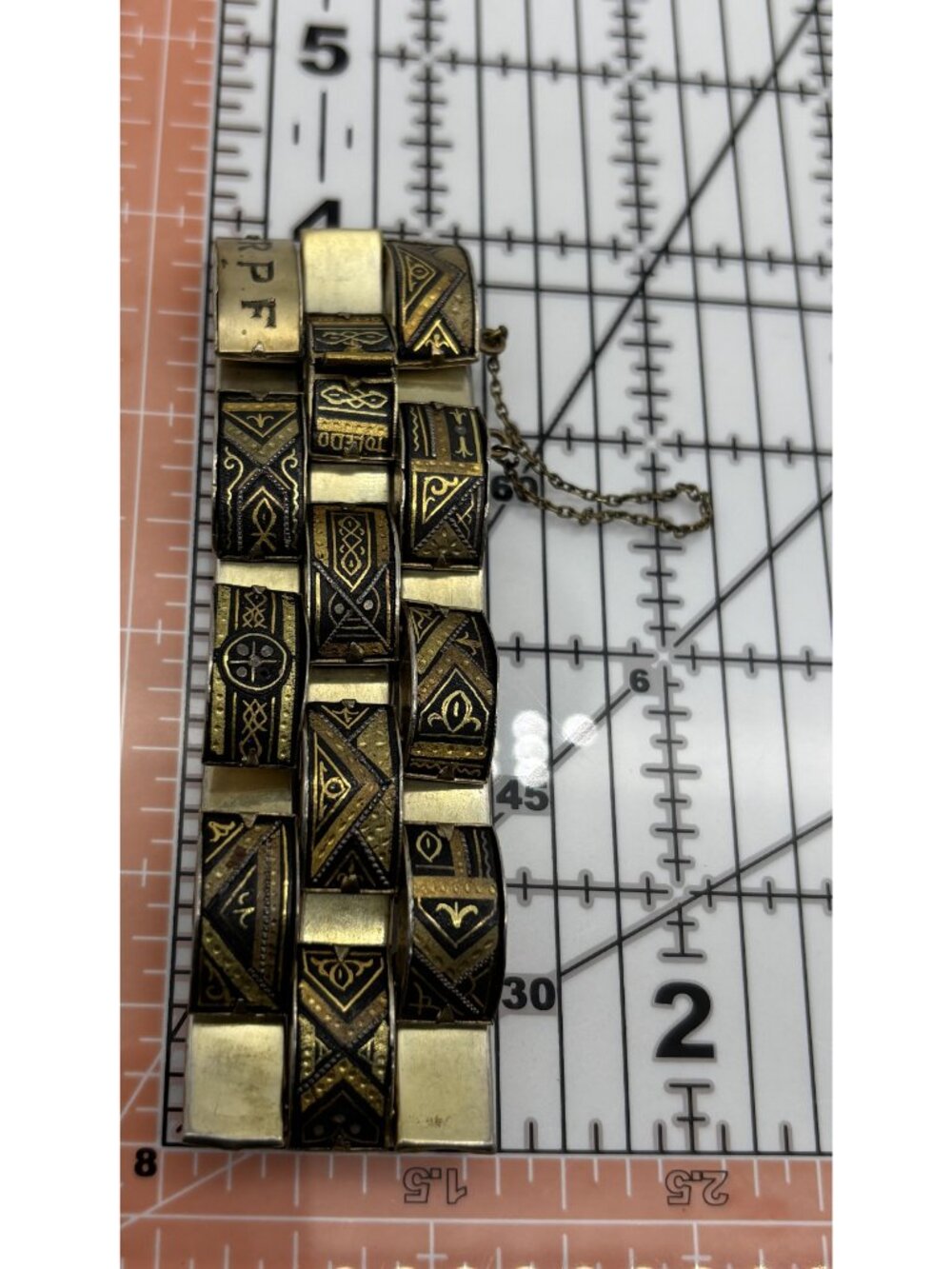 Vintage Damascene Bracelet With Initials Three Rows of Articulated Links, Signed - Picture 13 of 16